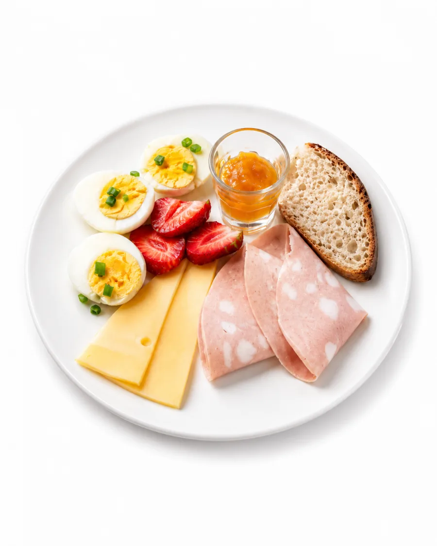 Breakfast plate with eggs, cheese, mortadella, bread, strawberries, and jam