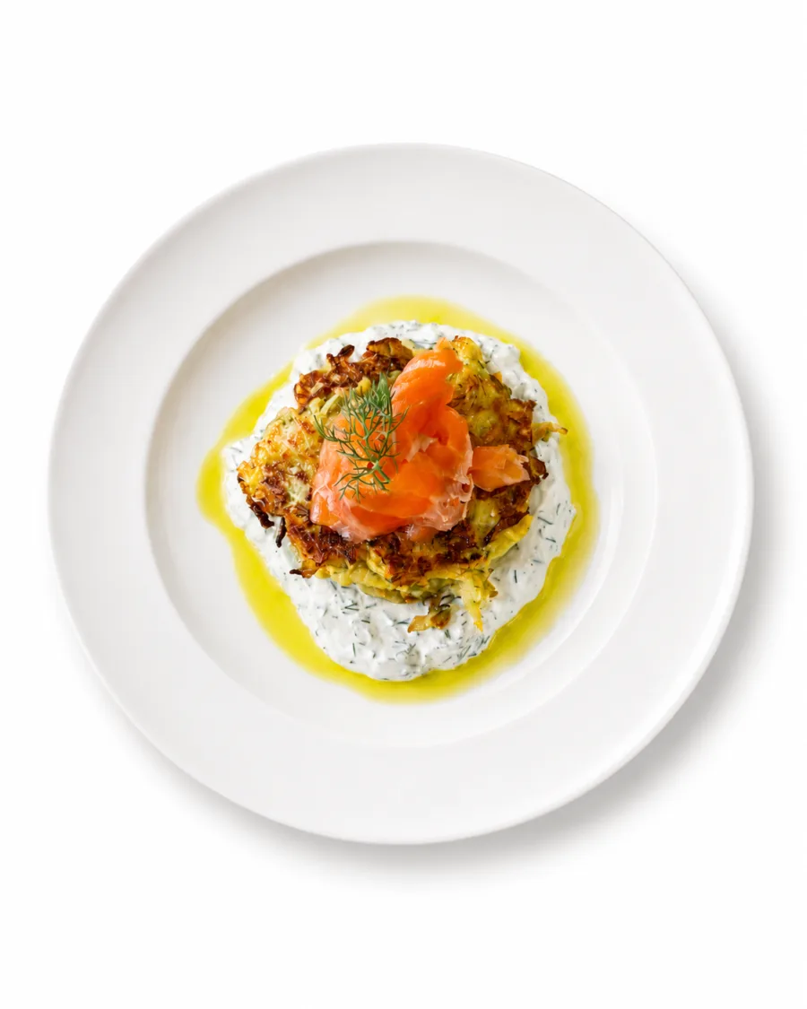 Draniki with salmon on a white plate