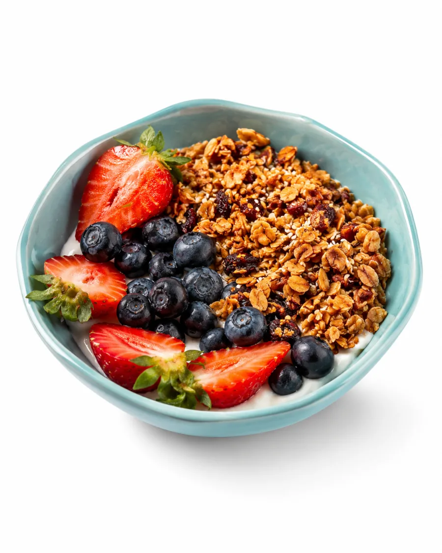 Granola with yogurt, strawberries, and blueberries